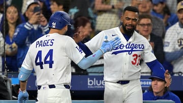 Apr 13, 2026; Los Angeles, California, USA; Los Angeles Dodgers center fielder Andy Pages (44) reacts with right fielder Teoscar Hernandez (37). After hitting a three run home run against the New York Mets during the third inning at Dodger Stadium. Mandatory Credit: Jayne Kamin-Oncea-Imagn Images